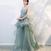 Green tulle lace long prom dress evening gown - Thumbnail 2