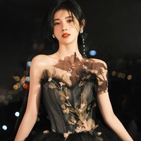 Black tulle long ball gown dress A line evening gown - Thumbnail 1