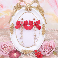 Ruby Gem Pearl Heart Love Tassel Jewelry Diamond Classic Burgundy Scarlet Red Bow Fairy Tales Princess Earrings - Thumbnail 1