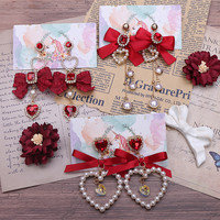 Ruby Gem Pearl Heart Love Jewelry Diamond Classic Burgundy Scarlet Red Bow Fairy Tales Princess Earrings - Thumbnail 1
