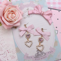 Gem Pearl Heart Love Jewelry Diamond Classic Pink Blue Black Purple Bow Fairy Tales Princess Earrings - Thumbnail 2