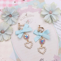Gem Pearl Heart Love Jewelry Diamond Classic Pink Blue Black Purple Bow Fairy Tales Princess Earrings - Thumbnail 3