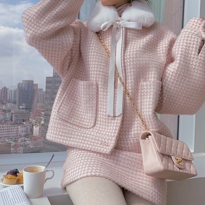 Tweed lamb wool fur plush collar pink white plaid coat jacket two piece skirt - Thumbnail 4