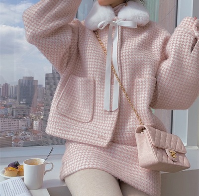 Tweed Lamb Wool Fur Plush Collar Pink White Plaid Coat Jacket Two piece Skirt