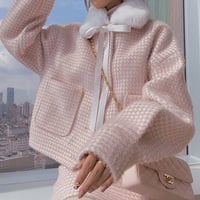 Tweed Lamb Wool Fur Plush Collar Pink White Plaid Coat Jacket Two piece Skirt - Thumbnail 1