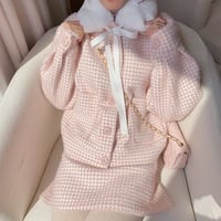 Tweed Lamb Wool Fur Plush Collar Pink White Plaid Coat Jacket Two piece Skirt - Thumbnail 2