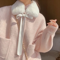 Tweed Lamb Wool Fur Plush Collar Pink White Plaid Coat Jacket Two piece Skirt - Thumbnail 9