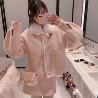 Tweed Lamb Wool Fur Plush Collar Pink White Plaid Coat Jacket Two piece Skirt - Thumbnail 3