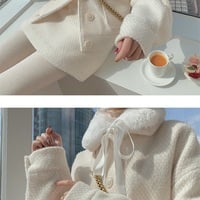 Tweed Lamb Wool Fur Plush Collar Pink White Plaid Coat Jacket Two piece Skirt - Thumbnail 4