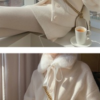 Tweed Lamb Wool Fur Plush Collar Pink White Plaid Coat Jacket Two piece Skirt - Thumbnail 5