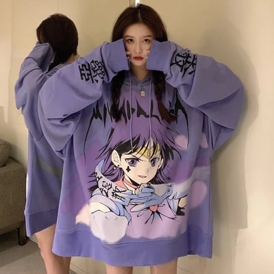 Cute purple anime girl graphic print oversize long sleeve shirt hoodie punk goth aesthetic casual e-girl kawaii korean japanese harajuku - Thumbnail 5