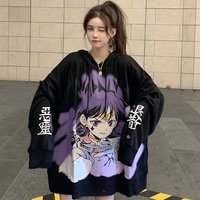 Cute Purple Anime Girl Graphic Print Oversize Long Sleeve Shirt Hoodie Punk Goth Aesthetic Casual E-Girl Kawaii Korean Japanese Harajuku - Thumbnail 1