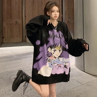 Cute Purple Anime Girl Graphic Print Oversize Long Sleeve Shirt Hoodie Punk Goth Aesthetic Casual E-Girl Kawaii Korean Japanese Harajuku - Thumbnail 2