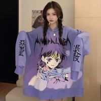 Cute Purple Anime Girl Graphic Print Oversize Long Sleeve Shirt Hoodie Punk Goth Aesthetic Casual E-Girl Kawaii Korean Japanese Harajuku - Thumbnail 4