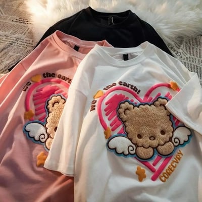 Cute plush bear angel love heart print sleeveless short sleeve shirt top aesthetic casual e-girl kawaii korean japanese harajuku - Thumbnail 4