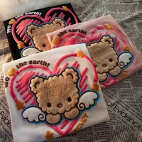 Cute Plush Bear Angel Love Heart Print Sleeveless Short Sleeve Shirt Top Aesthetic Casual E-Girl Kawaii Korean Japanese Harajuku - Thumbnail 1