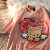 Cute Plush Bear Angel Love Heart Print Sleeveless Short Sleeve Shirt Top Aesthetic Casual E-Girl Kawaii Korean Japanese Harajuku - Thumbnail 3