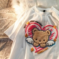 Cute Plush Bear Angel Love Heart Print Sleeveless Short Sleeve Shirt Top Aesthetic Casual E-Girl Kawaii Korean Japanese Harajuku - Thumbnail 4