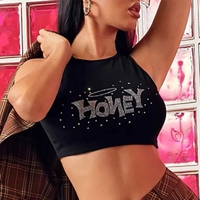 Cute Brown Honey Rhinestone Crystal Glitter Bling 90s Sleeveless Tank Crop Top Aesthetic Casual Summer E-Girl Kawaii Korean Japanese Harajuku - Thumbnail 2