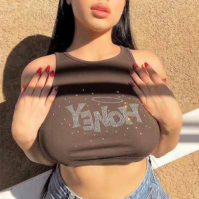 Cute brown honey rhinestone crystal glitter bling 90s sleeveless tank crop top aesthetic casual summer e-girl kawaii korean japanese harajuku - Thumbnail 3