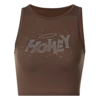 Cute Brown Honey Rhinestone Crystal Glitter Bling 90s Sleeveless Tank Crop Top Aesthetic Casual Summer E-Girl Kawaii Korean Japanese Harajuku - Thumbnail 7