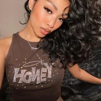 Cute Brown Honey Rhinestone Crystal Glitter Bling 90s Sleeveless Tank Crop Top Aesthetic Casual Summer E-Girl Kawaii Korean Japanese Harajuku - Thumbnail 1
