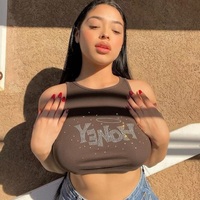 Cute Brown Honey Rhinestone Crystal Glitter Bling 90s Sleeveless Tank Crop Top Aesthetic Casual Summer E-Girl Kawaii Korean Japanese Harajuku - Thumbnail 5