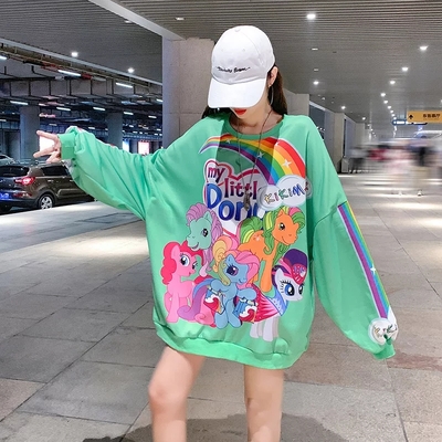 Cute Rainbow Colorful Pony Cartoon Print Oversized Sweatshirt Long Sleeve Shirt Pullover Aesthetic Casual E-Girl Kawaii Korean Japanese Harajuku