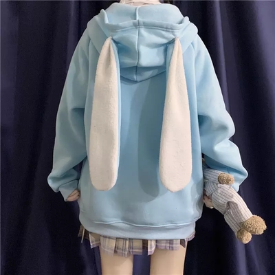 Cute Rabbit Ears Embroidery Loose Long Sleeve Sweatshirt Zip Up Hoodie Aesthetic Casual E-Girl Kawaii Korean Japanese Harajuku