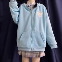 Cute Rabbit Ears Embroidery Loose Long Sleeve Sweatshirt Zip Up Hoodie Aesthetic Casual E-Girl Kawaii Korean Japanese Harajuku - Thumbnail 2