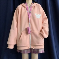 Cute Rabbit Ears Embroidery Loose Long Sleeve Sweatshirt Zip Up Hoodie Aesthetic Casual E-Girl Kawaii Korean Japanese Harajuku - Thumbnail 5