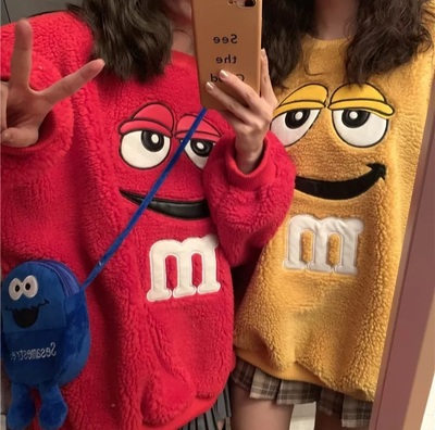 Cute Chocolate M Funny Cartoon Plush Oversize Long Sleeve Shirt Hoodie Pullover Sweatshirt Aesthetic Casual E-Girl Kawaii Korean Japanese Harajuku