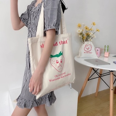 Cute Strawberry Cherry Print Canvas Tote Bag Eco Shopping Shoulder Bag Aesthetic Casual Summer E-Girl Kawaii Korean Japanese Harajuku