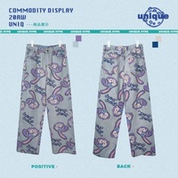 Cute Bunny Rabbit Cartoon Print High Waisted Denim Long Wide Leg Jeans Pants Trouser Aesthetic Casual Summer E-Girl Kawaii Korean Japanese Harajuku - Thumbnail 7