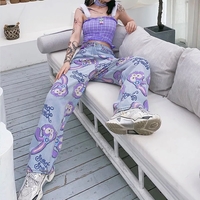 Cute Bunny Rabbit Cartoon Print High Waisted Denim Long Wide Leg Jeans Pants Trouser Aesthetic Casual Summer E-Girl Kawaii Korean Japanese Harajuku - Thumbnail 2