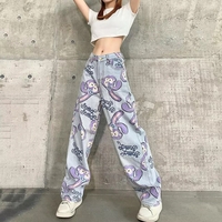 Cute Bunny Rabbit Cartoon Print High Waisted Denim Long Wide Leg Jeans Pants Trouser Aesthetic Casual Summer E-Girl Kawaii Korean Japanese Harajuku - Thumbnail 1
