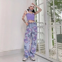 Cute Bunny Rabbit Cartoon Print High Waisted Denim Long Wide Leg Jeans Pants Trouser Aesthetic Casual Summer E-Girl Kawaii Korean Japanese Harajuku - Thumbnail 3