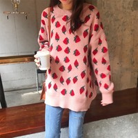 Sweet Women Sweaters Strawberries Print  - Thumbnail 2