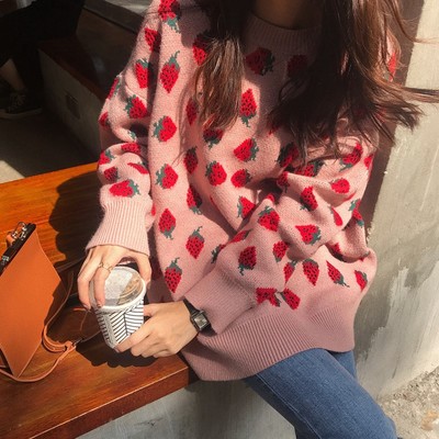 Sweet Women Sweaters Strawberries Print 