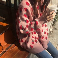 Sweet Women Sweaters Strawberries Print  - Thumbnail 1