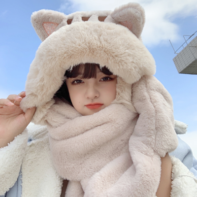 Cute scarf bear cat kitty neko ears three piece sweet hood plush thick warm winter gloves hat