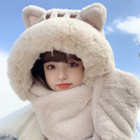 Cute Scarf Bear Cat Kitty Neko Ears Three Piece Sweet Hood Plush Thick Warm Winter Gloves Hat - Thumbnail 1