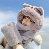 Cute Scarf Bear Cat Kitty Neko Ears Three Piece Sweet Hood Plush Thick Warm Winter Gloves Hat - Thumbnail 4