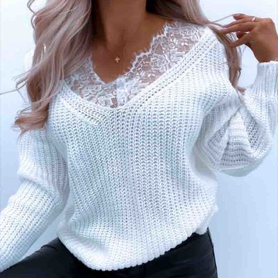 Lace casual solid color long-sleeved sweater