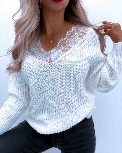 Lace Casual Solid Color Long-Sleeved Sweater