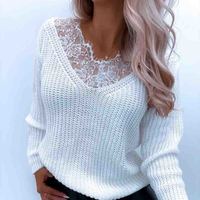 Lace Casual Solid Color Long-Sleeved Sweater - Thumbnail 2