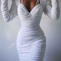 Sexy Solid Color Long Sleeve Hip Dress - Thumbnail 1