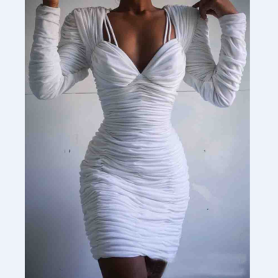 Sexy solid color long sleeve hip dress - Thumbnail 2