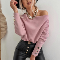Long-Sleeved Solid Color Off-The-Shoulder Sweater - Thumbnail 1