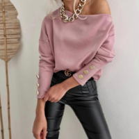 Long-Sleeved Solid Color Off-The-Shoulder Sweater - Thumbnail 2